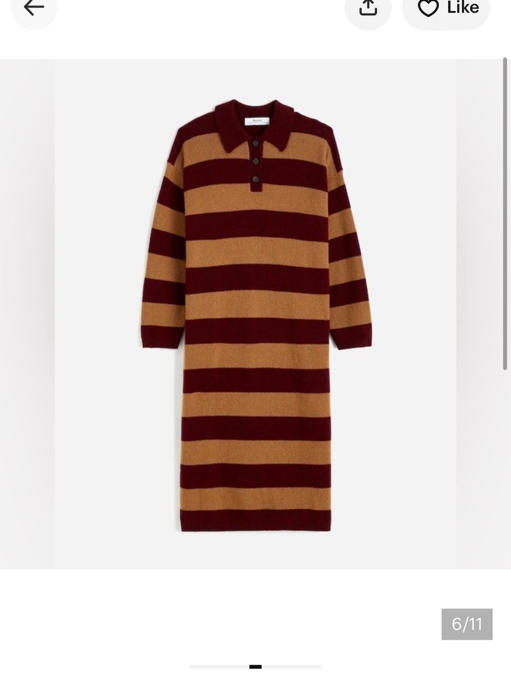 NWT Madewell Burgundy and Mustard Striped Polo Sweater Dress Wool Cashmere Blend
